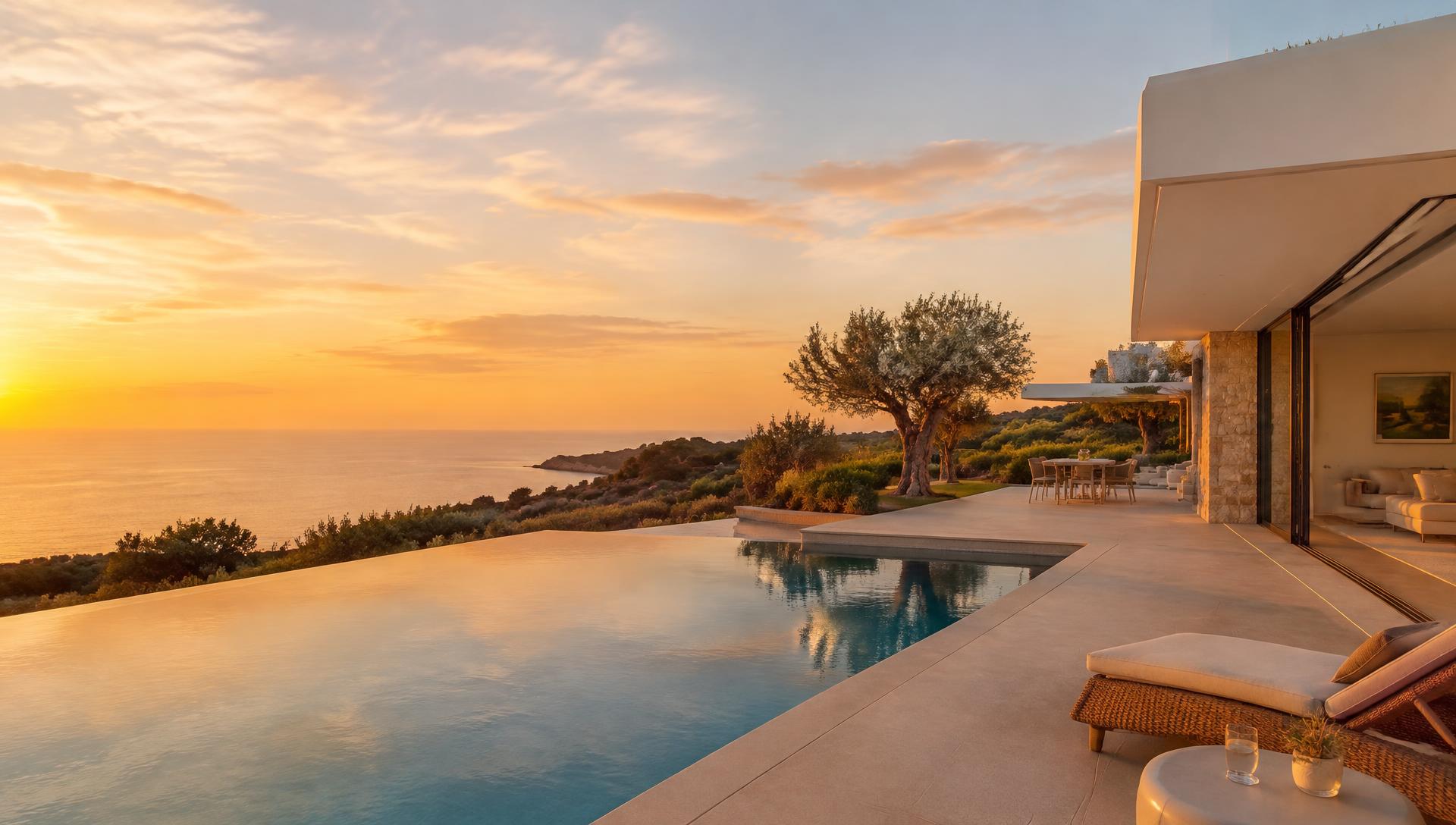 Moradia com piscina no Algarve ao pôr do sol